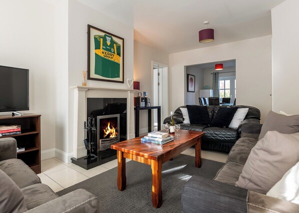 TV, fireplace, DVD player, books