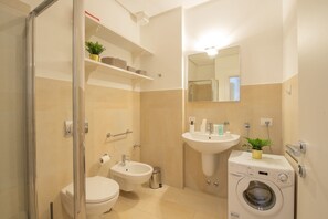 Shower, hair dryer, bidet, towels