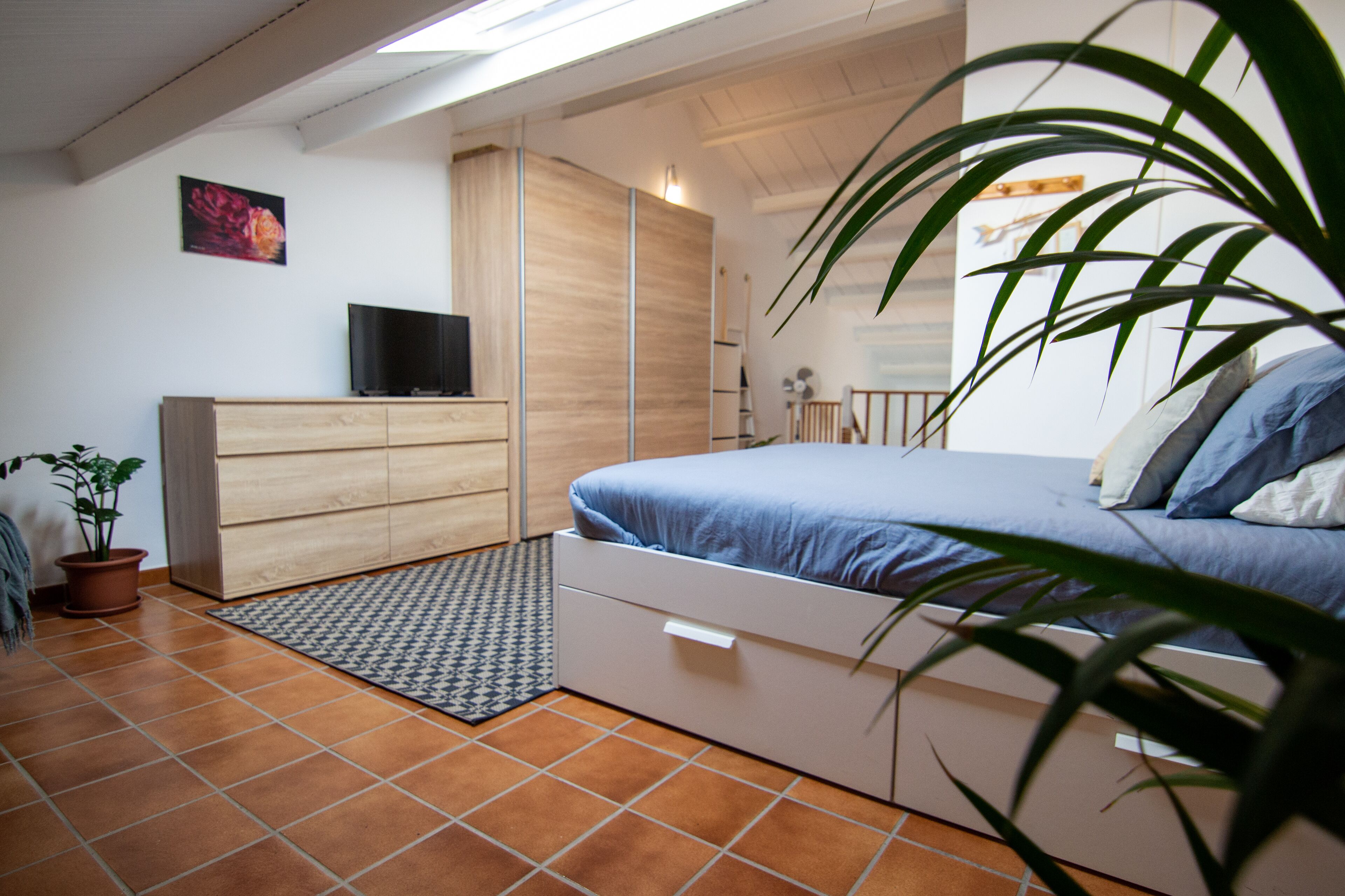 A bedroom with a bed, a dresser, a TV, and a potted plant.