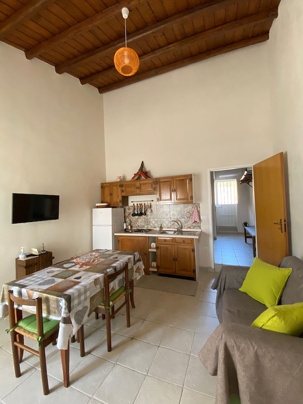 A compact living space with a dining area, kitchen, and a sofa with cushions.
