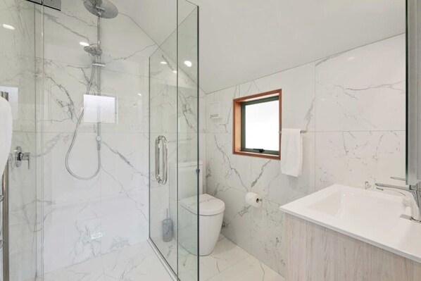 Un baño moderno con ducha de mampara de vidrio, inodoro blanco y un lavabo grande.