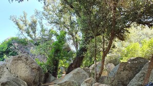 A wooden outdoor seating area with a sofa and chairs, surrounded by large rocks and greenery.