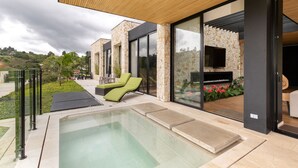 A modern outdoor pool area with a glass enclosure, a stone wall, and a flat-screen TV.