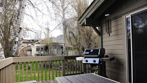 Una terraza con una parrilla, una mesa y vistas a un patio trasero con árboles y casas.