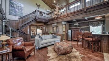 Smart TV, fireplace, books, stereo