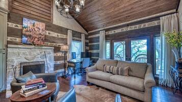 Smart TV, fireplace, books, stereo