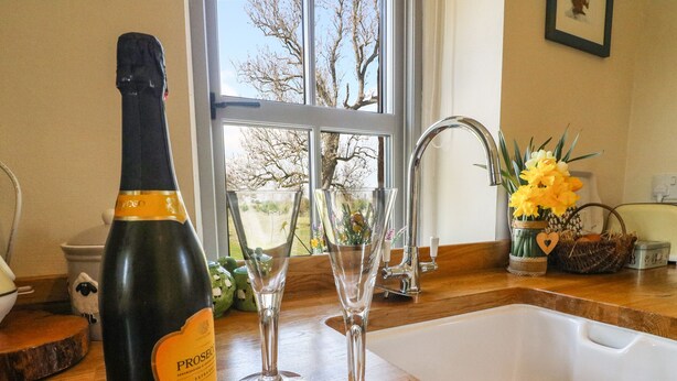 A kitchen counter with a bottle of Prosecco, two wine glasses, and a sink. - Herdie Hideaway (Appleby-in-Westmorland)