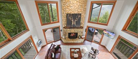 Smart-TV, Kamin, Videospiele, Bücher