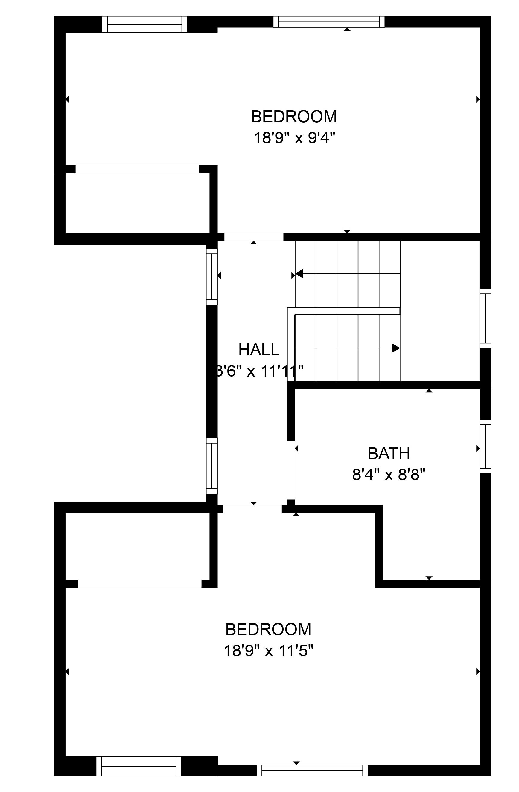 A floor plan of a house with two bedrooms, a hall, and a bathroom.