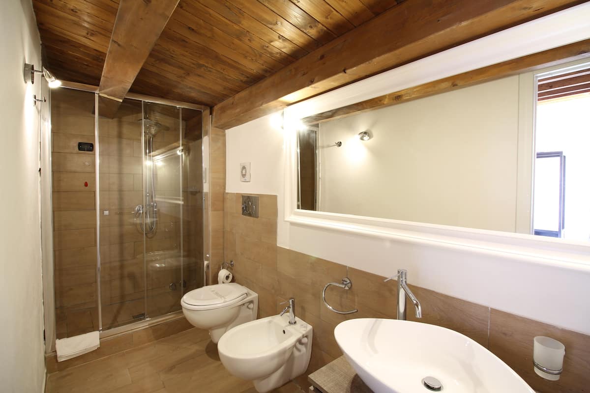 A bathroom with a glass-enclosed shower, two bidets, a sink, and a mirror.