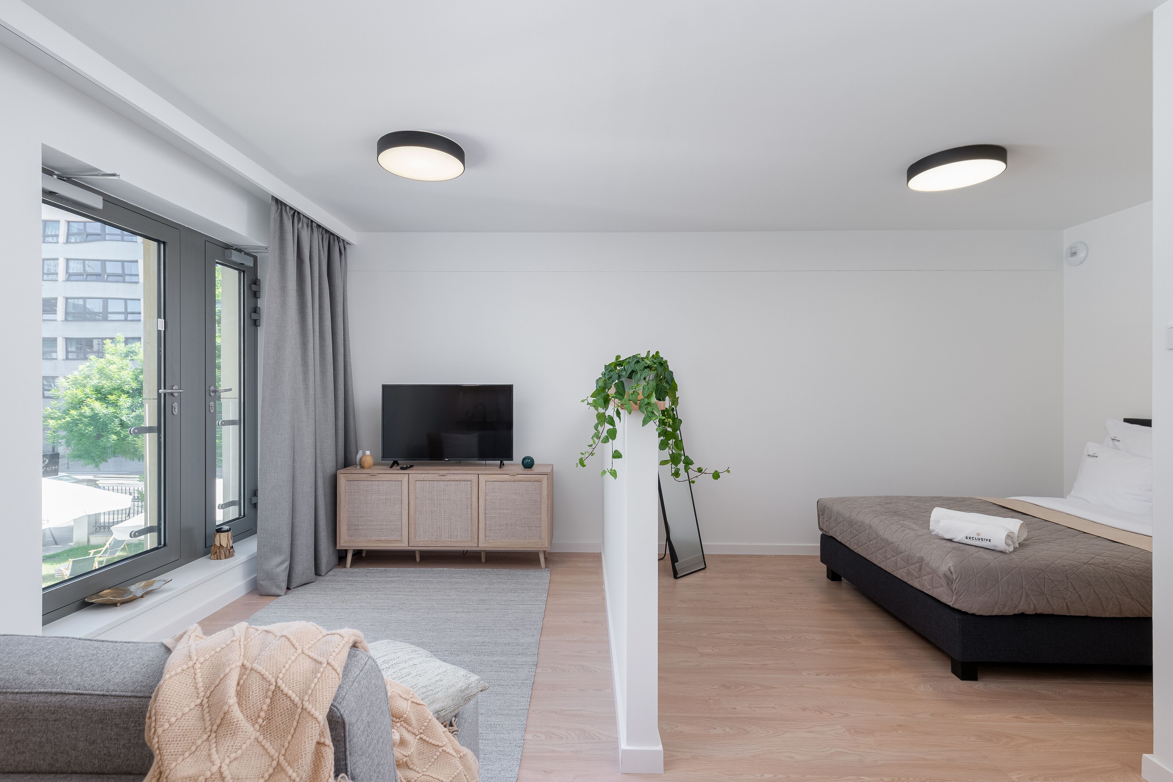 A modern living room with a sofa, a TV, a plant, and a bed with a pillow.