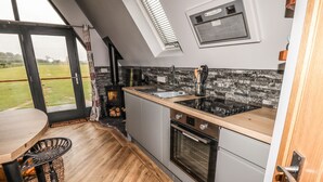 Une cuisine moderne dotée d’un four encastré, d’une cuisinière et d’une grande fenêtre donnant sur un paysage verdoyant.