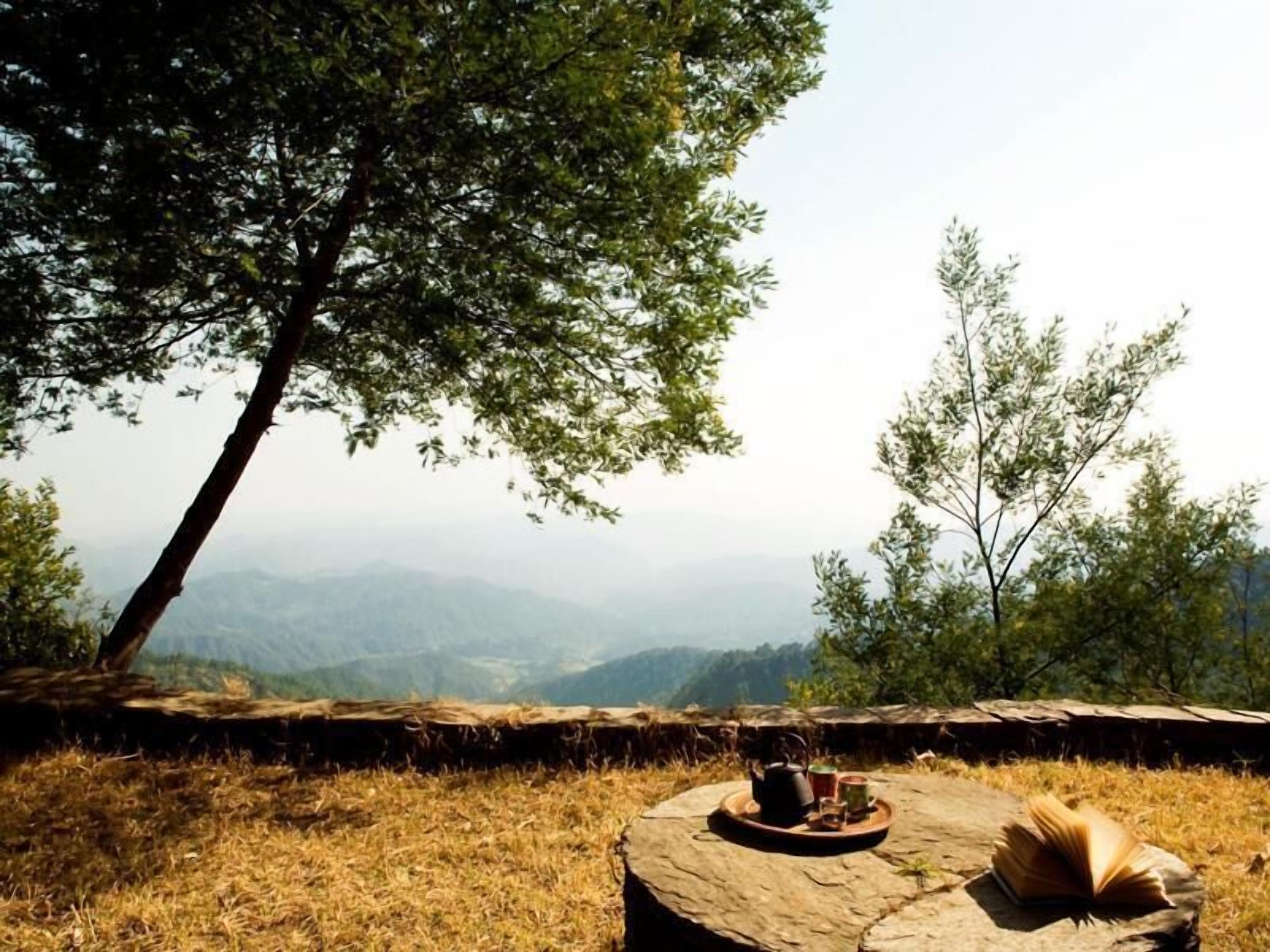 A rustic outdoor setting with a stone table, a book, and a teapot on a grassy area with a view of distant mountains.