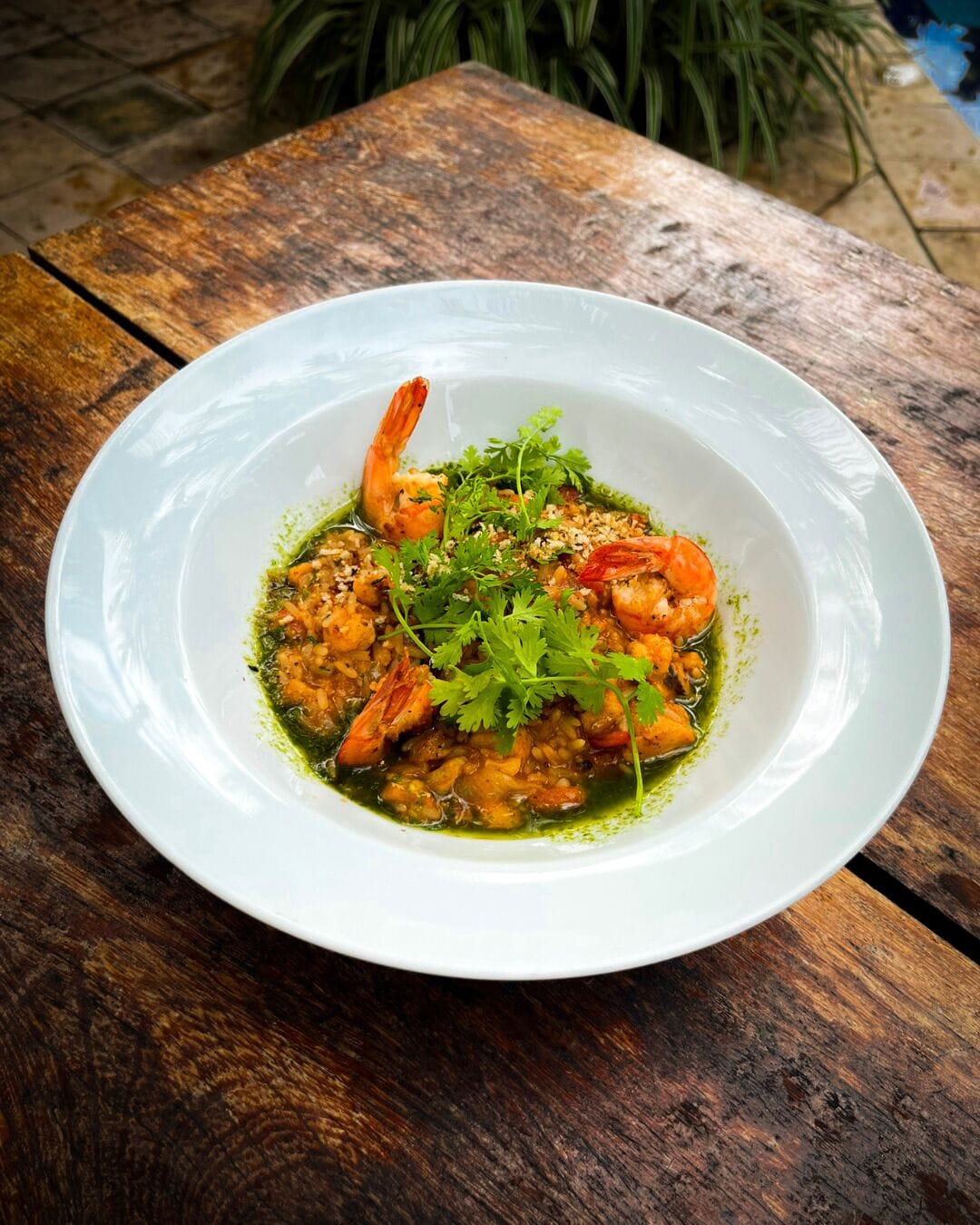 A white plate with a seafood dish, garnished with parsley, on a wooden table.