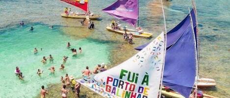 A beach scene with clear turquoise water, people swimming and sunbathing, and several sailboats with colorful sails.
