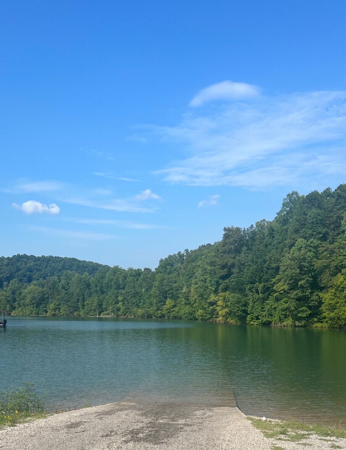 Un lago sereno con una ladera boscosa y un sendero de grava que conduce al agua.