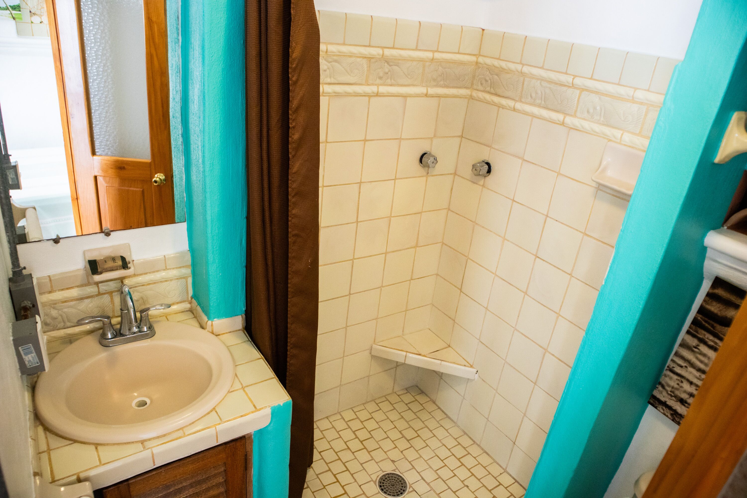 A bathroom with a sink, mirror, and shower area.