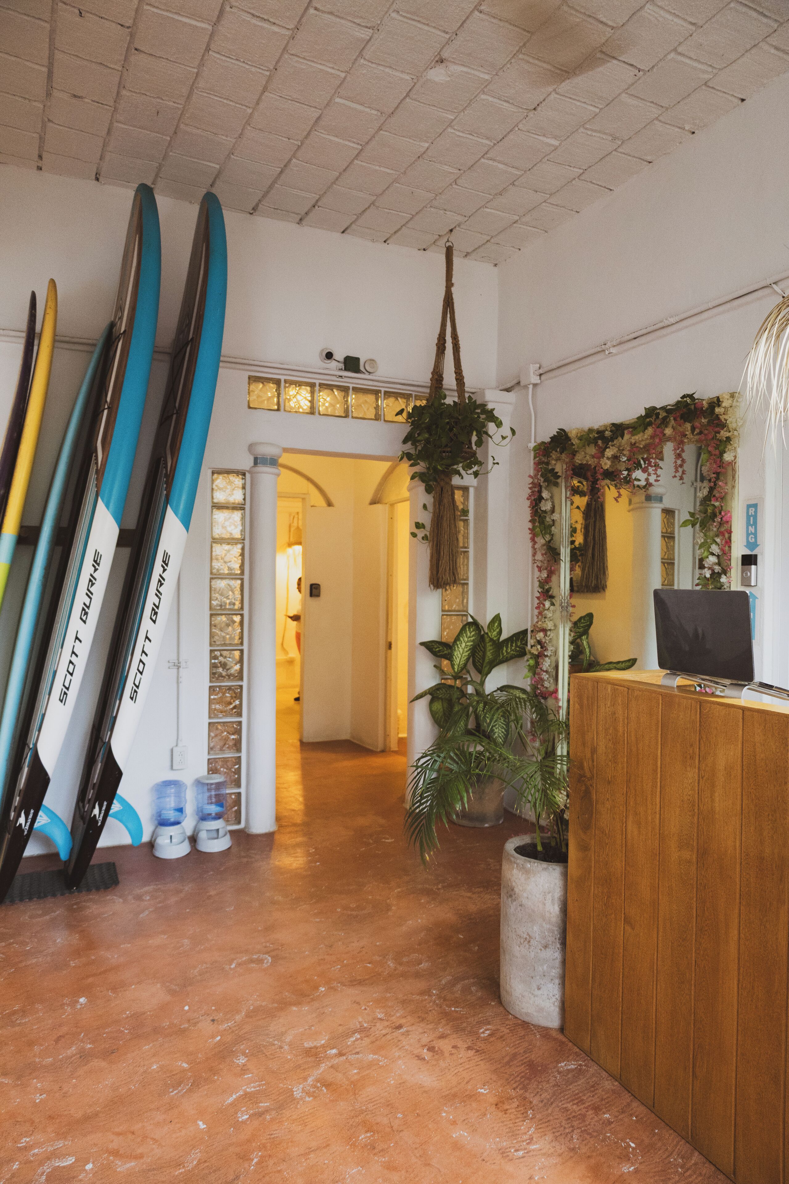 Zona de recepción con un escritorio de madera, una computadora y una planta en maceta. Hay tablas de surf apoyadas contra la pared y un pasillo que conduce a otra habitación.