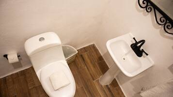 Baño con inodoro, lavamanos y suelo de madera.