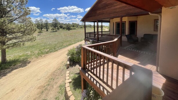 A wooden deck with a view of a grassy field and trees.