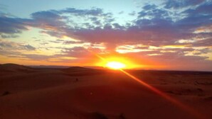 Wüstenlandschaft bei Sonnenuntergang.