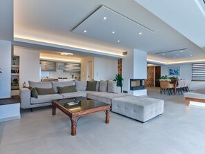 Smart TV, chimenea, reproductor de DVD y libros 