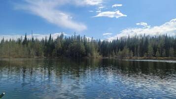 A calm lake with dense forest on the opposite shore.