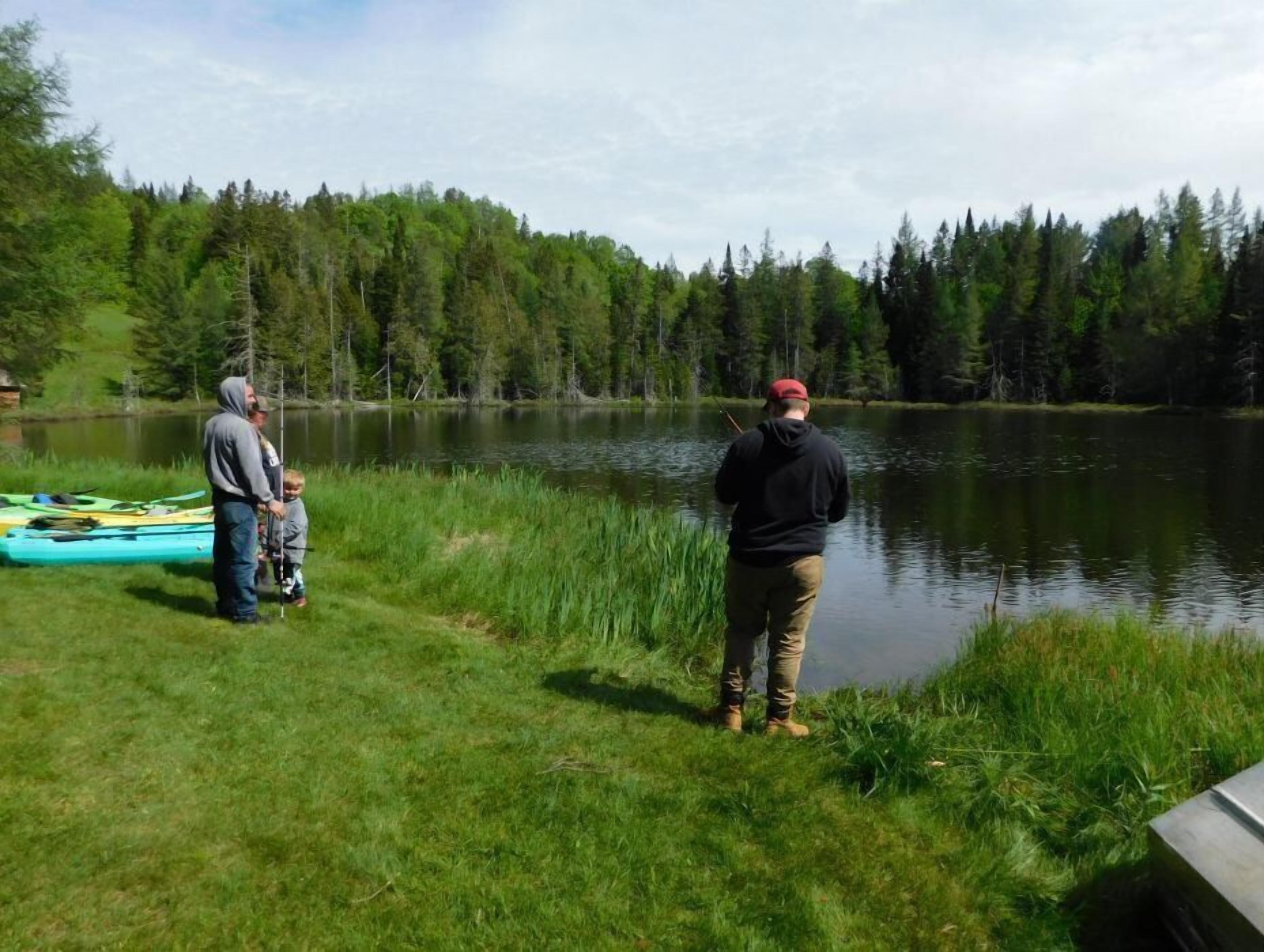 A lakeside scene with a grassy area, a canoe, and a person fishing.
