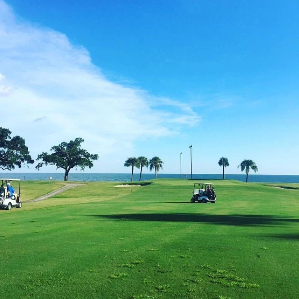 A golf course with a clear view of the ocean and palm trees.