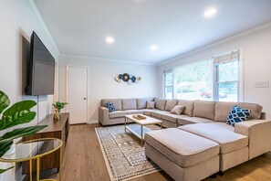 TV, fireplace, foosball