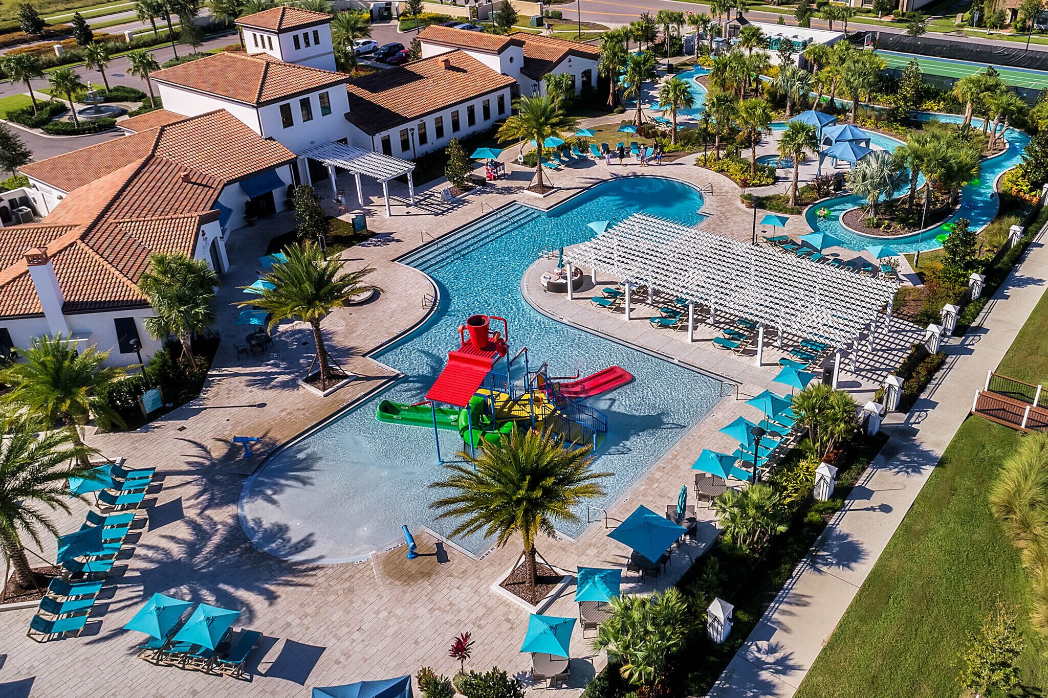 A heated pool, pool umbrellas