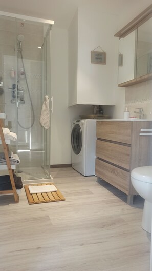 Hair dryer, towels, soap, shampoo