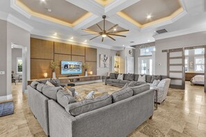 TV, fireplace, foosball, table tennis