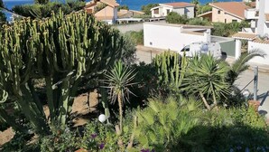 A residential area with a view of the sea, featuring cacti and flowering plants. - Holiday home with beautiful sea views, 3 minutes walk from the beach (Località Timpi Russi)