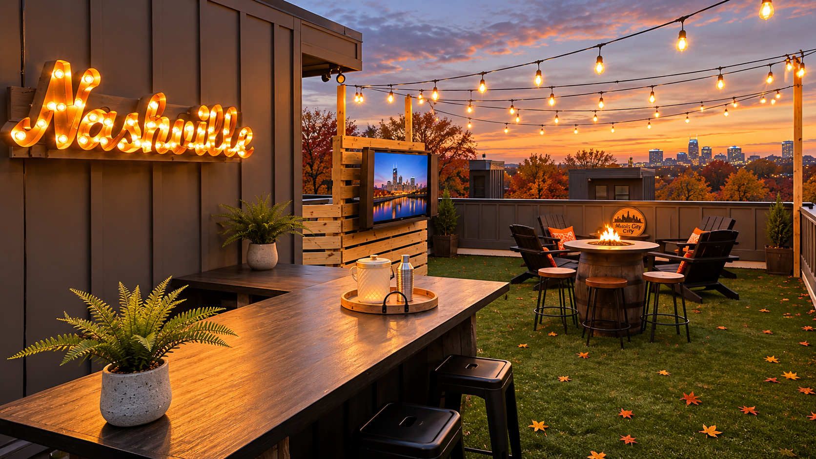 An outdoor patio with a wooden table, chairs, a TV screen, and string lights.