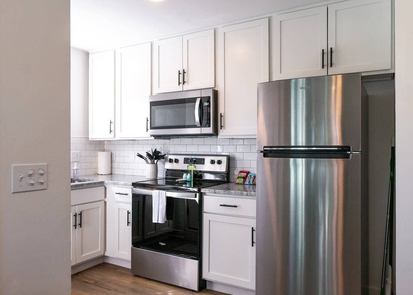 Frigorífico, microondas, horno y placa de cocina