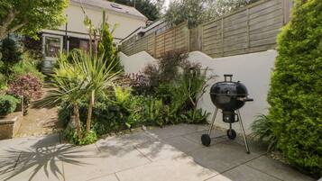 A backyard with a barbecue grill, a paved patio, and various plants.