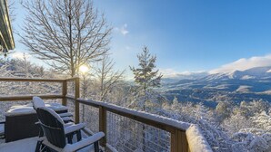 Um deck coberto de neve com vista para uma paisagem montanhosa.
