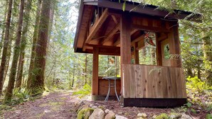 A wooden cabin in a forest with a stone foundation, surrounded by trees and ferns. - Large cabin on rural farm.  Private, relaxing, close to Stamp Falls Park. (Port Alberni)