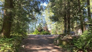 A forested path leading to a house with a car parked nearby. - Large cabin on rural farm.  Private, relaxing, close to Stamp Falls Park. (Port Alberni)