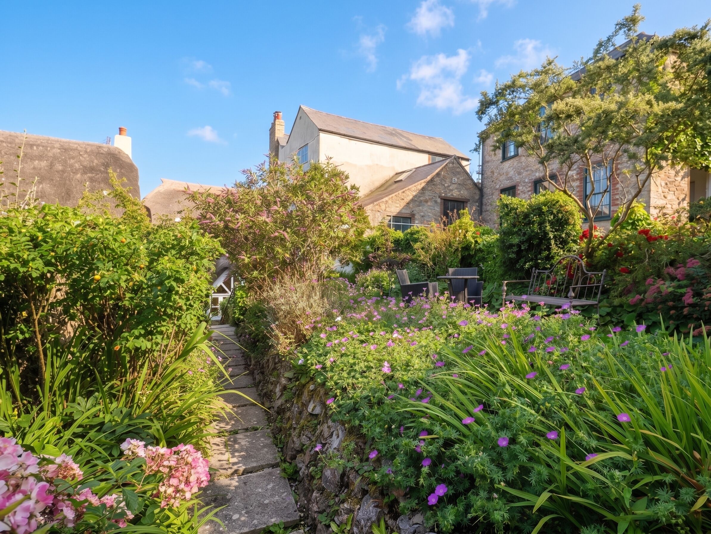 A garden pathway leading to a stone building with a thatched roof, surrounded by lush greenery and flowering plants.