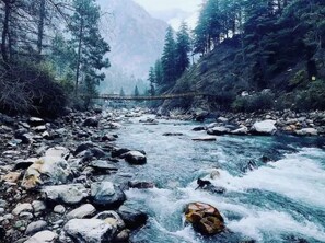 A river with rocks and a bridge in a forested area.