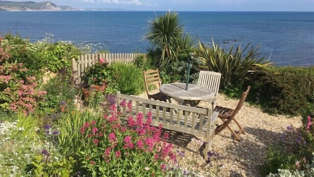 A garden with a wooden bench and table, surrounded by colorful flowers and plants, overlooking a body of water. - 4 East Cliff (Lyme Regis)