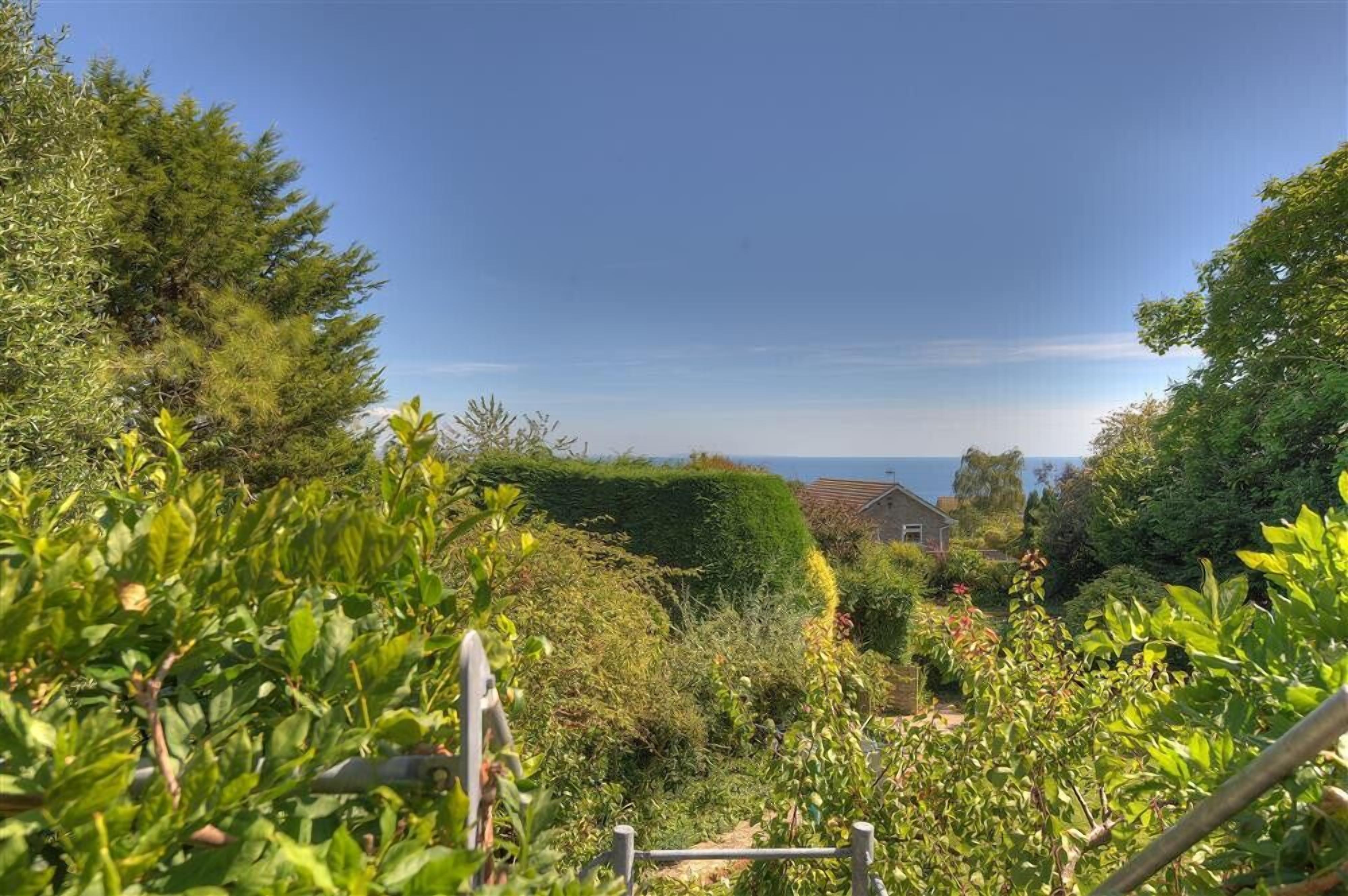 A lush garden with a variety of plants and a clear view of the sea in the background.