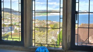 A view through a window with a grid pattern, overlooking a coastal area with houses, greenery, and a body of water. - 5 Coram Tower (Lyme Regis)