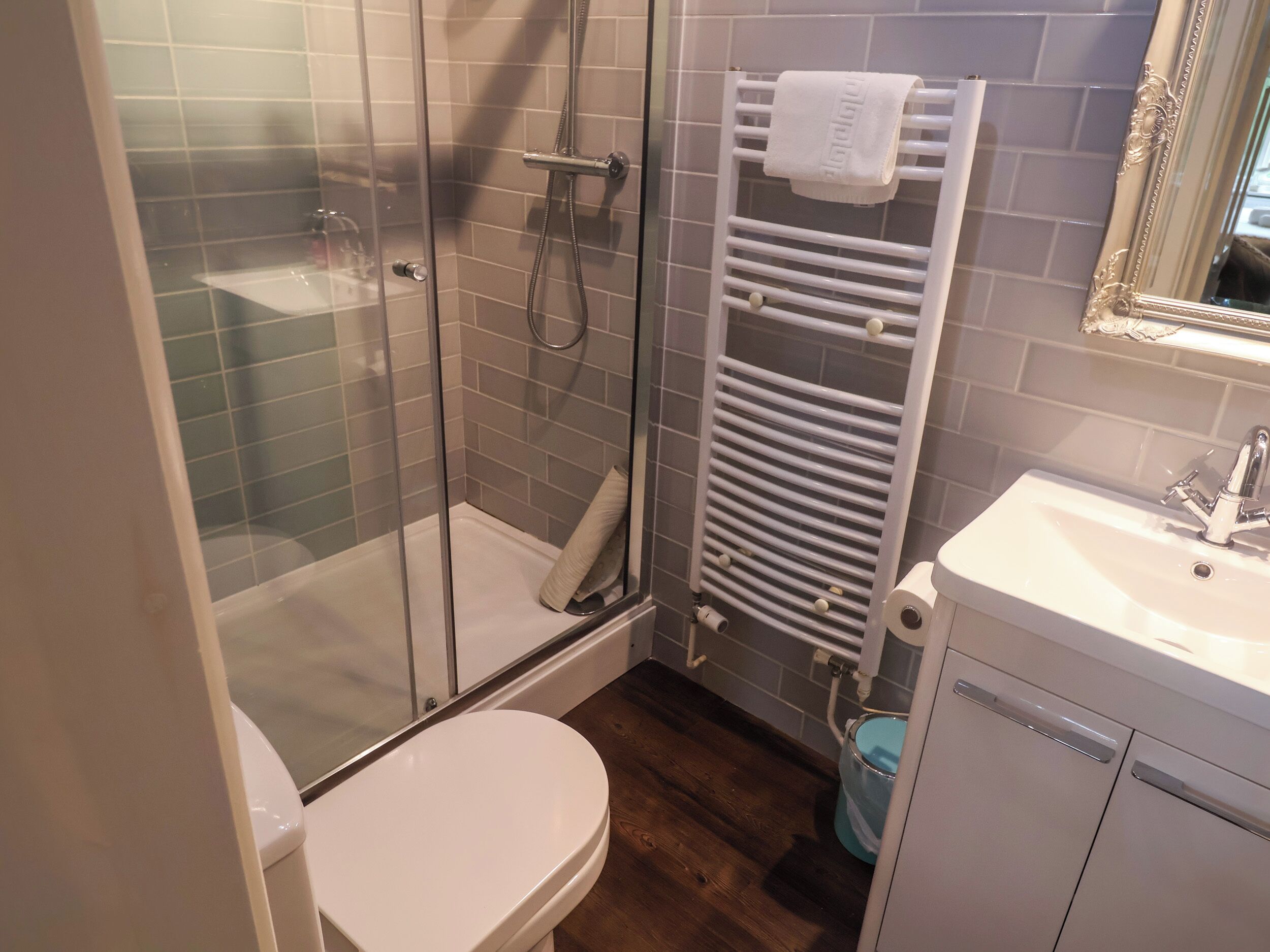 Un baño con ducha de vidrio, lavamanos blanco y un inodoro.