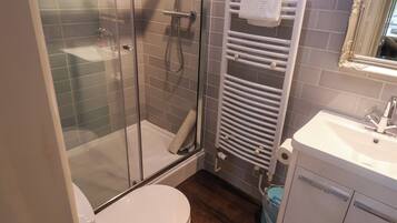 Un baño con ducha de vidrio, lavamanos blanco y un inodoro.