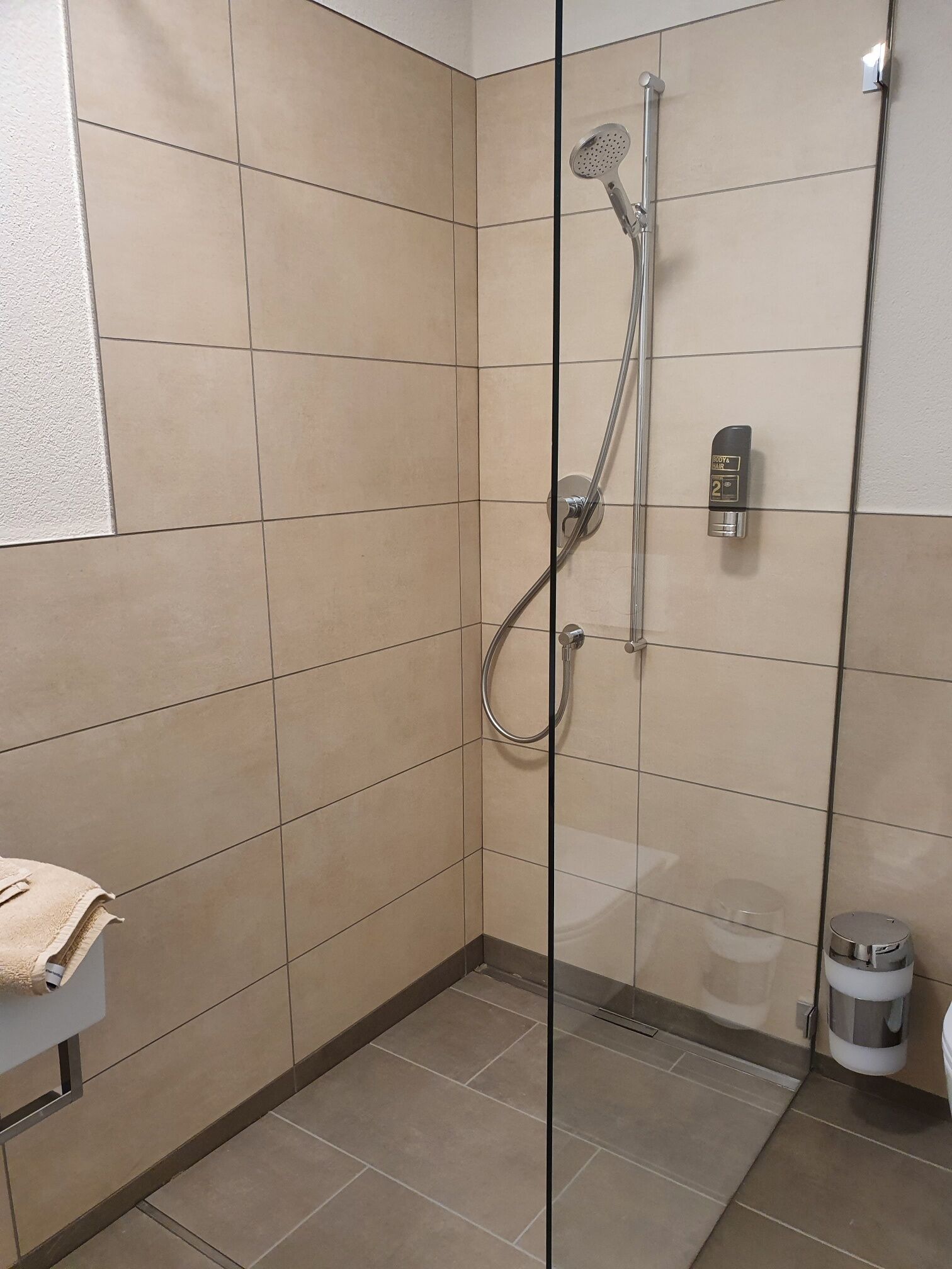 Ein Duschbereich mit Glastür, gefliesten Wänden, einer Handbrause und einem Handtuchhalter.