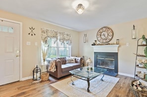 Smart TV, fireplace, DVD player, video library