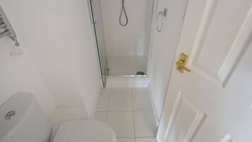 Un baño estrecho con inodoro, ducha y puerta con pomo dorado.